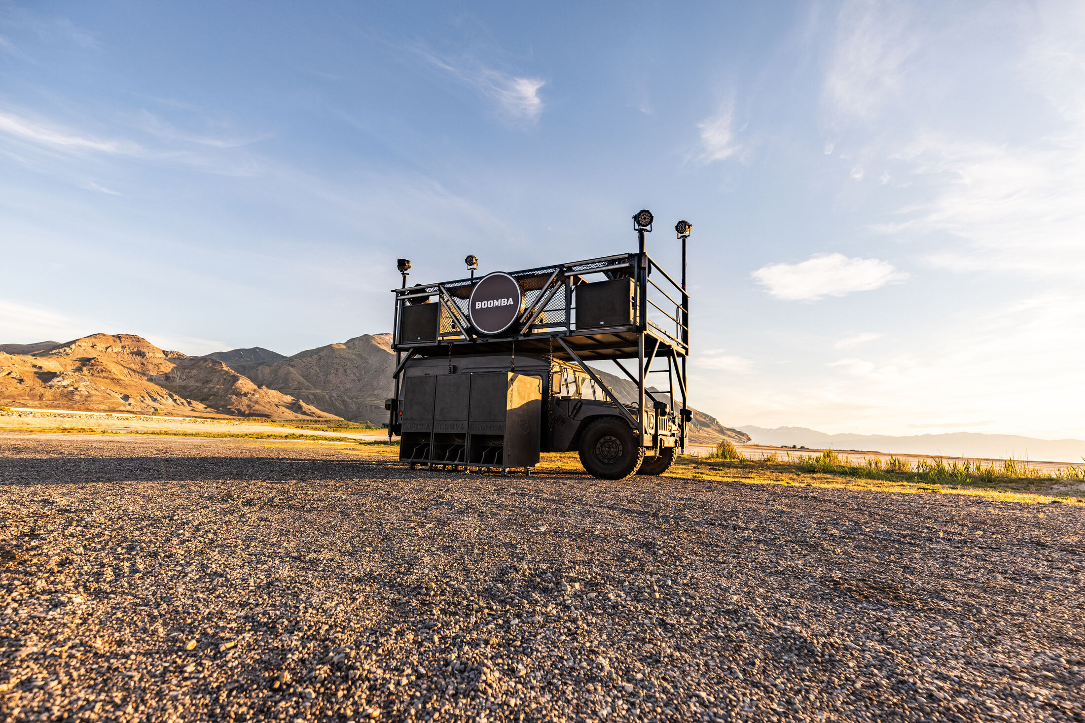 The BOOMBA soundcar at the Great Salt Lake at golden hour